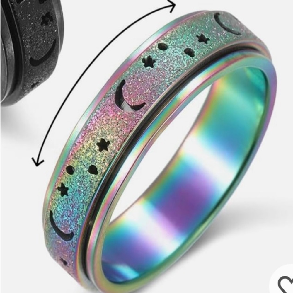 Iridescent Moon and Stars fidget Ring size 8